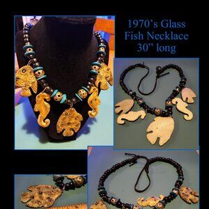 Unusually Glass Fish & seahorse over head, no clasp beaded necklace. Ships free